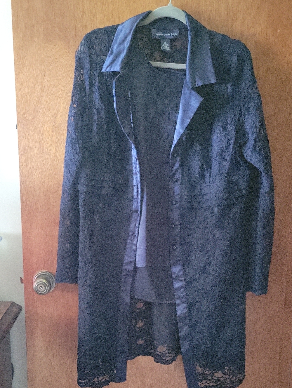 Lauren Ralph Lauren Black Lace Trench Coat with Satin Trim and Matching Tank